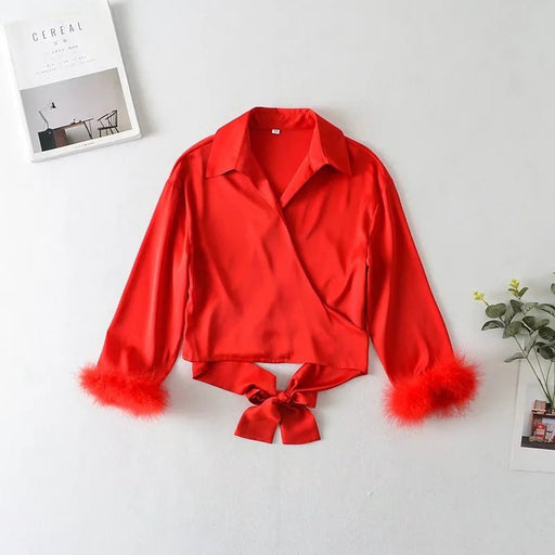 Color-Red-American-Style Collared Short Sexy Furry Long-Sleeved Shirt Women Spring Summer Pure Sexy Lace-up Cardigan Red Top-Fancey Boutique