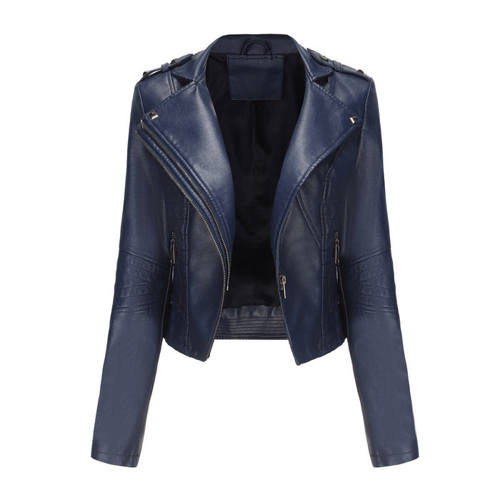 Color-Navy Blue-Slim Fit Long Sleeved Spring Autumn Leather Jacket Women Rivet Popular Short Jacket Zipper Leather Jacket-Fancey Boutique