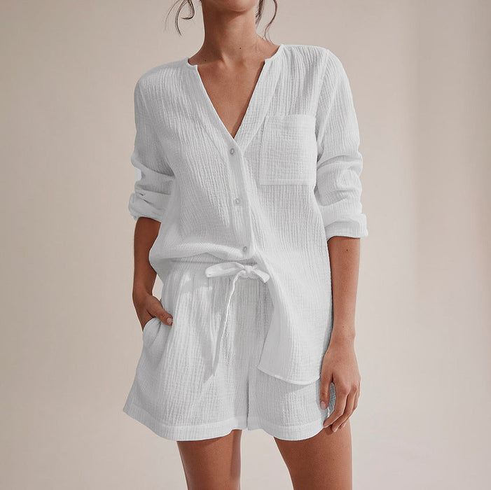 Color-White-Autumn New White Long-Sleeved Air Conditioning Room Clothing Cotton Crepe Shorts Suit Pajamas Women Skin-Friendly Ladies Homewear-Fancey Boutique