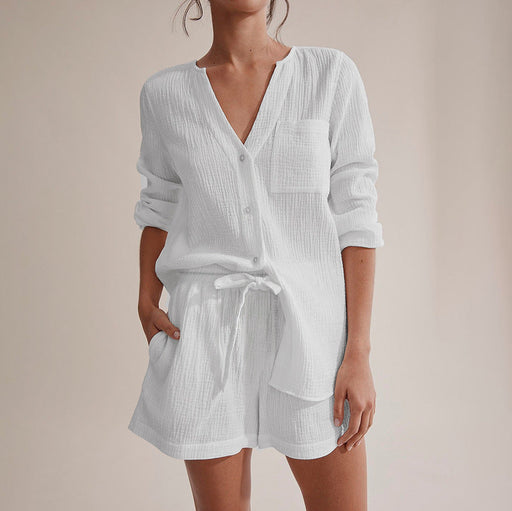 Color-Autumn New White Long-Sleeved Air Conditioning Room Clothing Cotton Crepe Shorts Suit Pajamas Women Skin-Friendly Ladies Homewear-Fancey Boutique