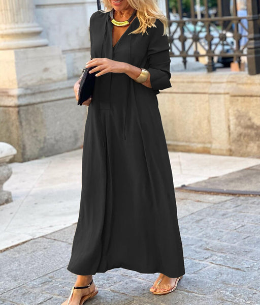 Color-Large Swing Dress Solid Color Collared Long Sleeve Simple Casual Long Shirt Dress-Fancey Boutique