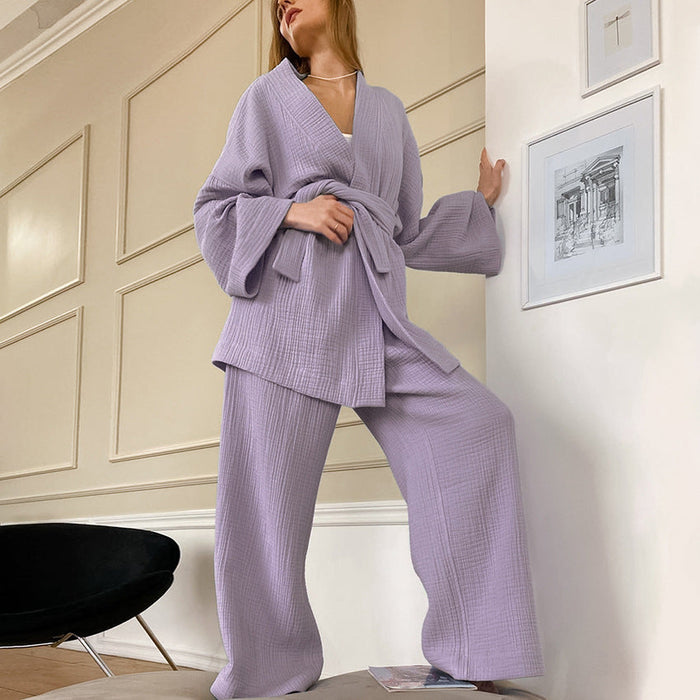 Color-Purple-Fall French Loose Nightgown Trousers Double Layer Gauze Women Pajamas Solid Color Cotton Absorbent Moisture Wicking Clothing-Fancey Boutique