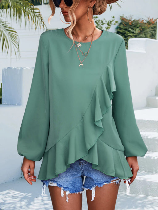 Color-Spring Summer Solid Color Ruffles Lantern Sleeve Irregular Asymmetric Top-Fancey Boutique