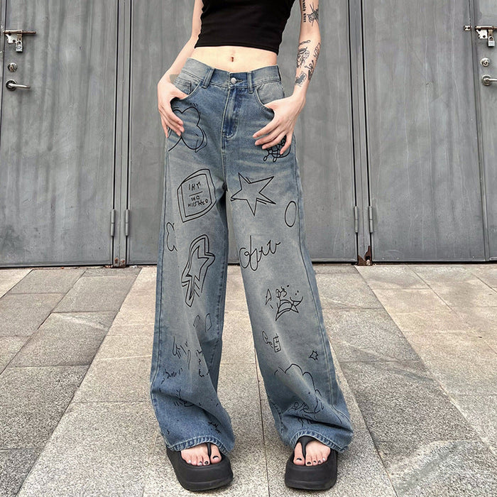 Color-Street Graffiti Washed Blue High Waist Jeans Hip Hop Sexy Loose Mopping Straight Leg Overalls-Fancey Boutique