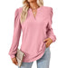 Color-Pink-Autumn Winter Solid Color V neck Jacquard Long Sleeve Loose-Fitting T-shirt Top Ladies-Fancey Boutique