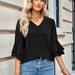 Color-Black-Spring Summer Solid Color Loose V neck Ruffle Top Women Clothing-Fancey Boutique