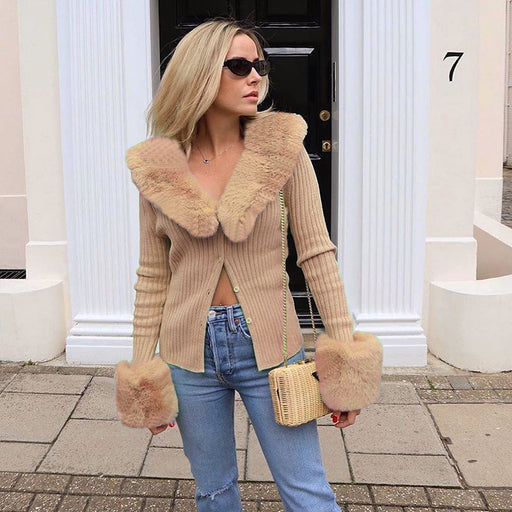 Color-Sexy Fur Collar Knitted Coat Top Women Spring Long Sleeve Top-Fancey Boutique