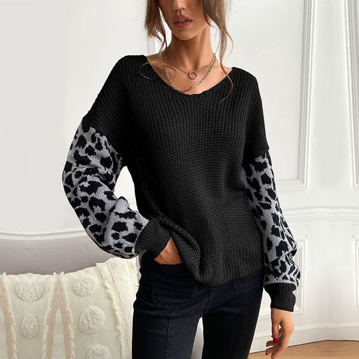 Color-Autumn Women Thin round Neck Knitted Pullover Leopard Print Sweater Women-Fancey Boutique