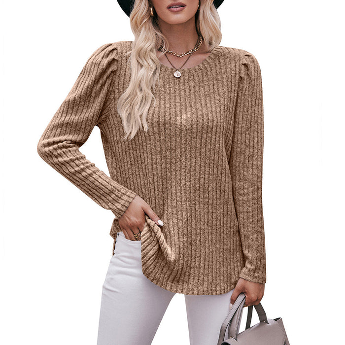 Color-camel-Women round-Neck Puff Sleeve Brushed Sunken Stripe Solid Color Upper Clothes Long Sleeves T-shirt-Fancey Boutique