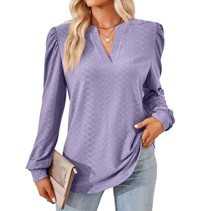 Color-Purple-Autumn Winter Solid Color V neck Jacquard Long Sleeve Loose-Fitting T-shirt Top Ladies-Fancey Boutique
