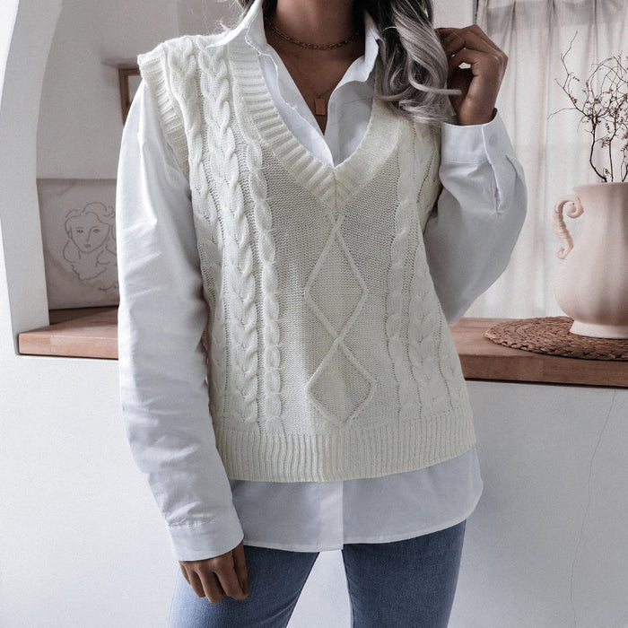 Color-Autumn Winter V neck Twist Casual Loose Knitted Vest Sweater Waistcoat Women Clothing-Fancey Boutique