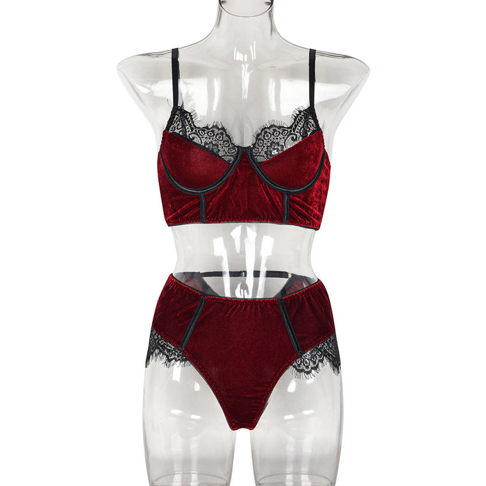 Color-Burgundy-Sexy Underwear Autumn Burgundy Velvet Stitching Lace Comfortable Sexy Lingerie Set-Fancey Boutique