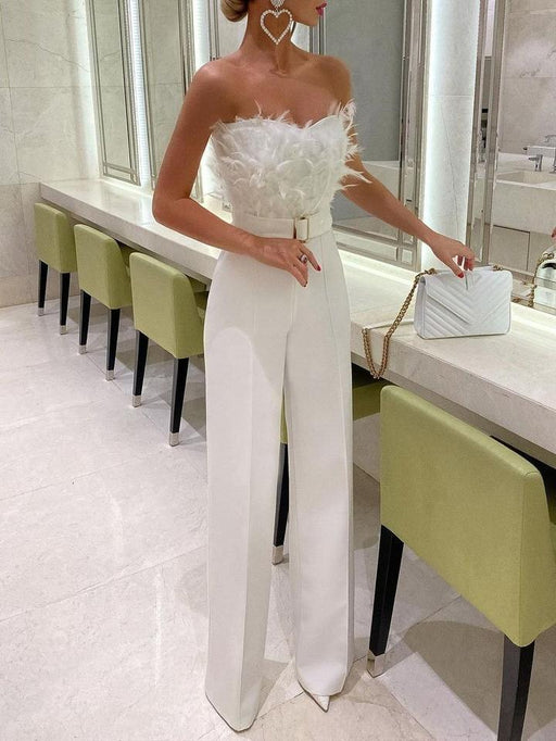 Color-White-Spring Summer Feather Tube Top Sexy Jumpsuit-Fancey Boutique