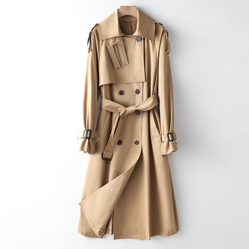 Color-Khaki-Element Overknee Long Trench Coat Women Popular Korean Autumn Winter Waist Controlled Slimming Coat-Fancey Boutique