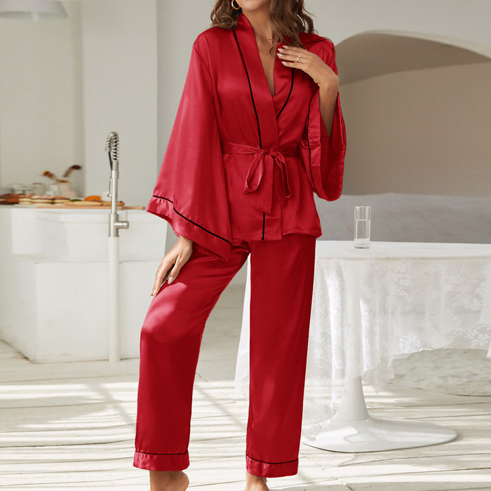 Color-Red-Spring Summer Pajamas Women Summer Thin Silk Ice Silk Satin Chiffon Long Sleeve Home Wear Spring Autumn-Fancey Boutique