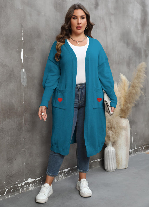 Color-Women plus Size Women Clothes Mid Length Woven Sweater Love Double Pocket Lantern Sleeve Sweater Cardigan-Fancey Boutique