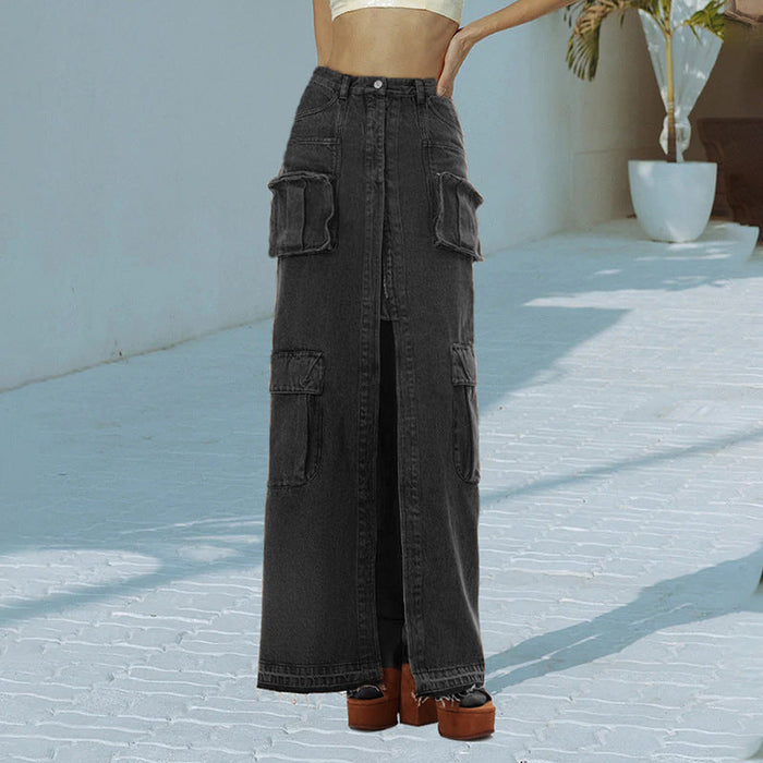 Color-Black-Hipsters High Street Spring High Waist Long Straight Front Slit Design Denim Solid Color Women Skirt-Fancey Boutique