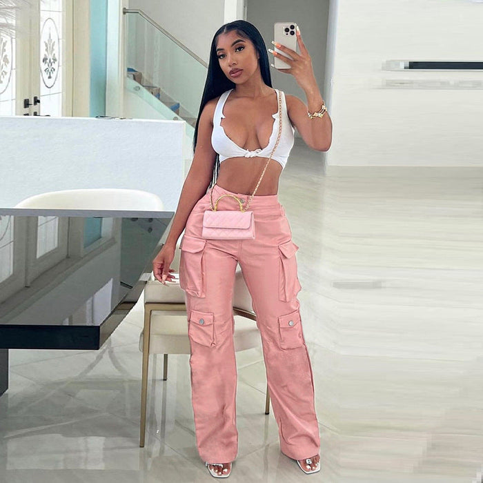 Color-Summer Women Clothing Work Clothes Poly Urethane Leather Sexy High Waist Street Shooting Straight Casual Trousers-Fancey Boutique