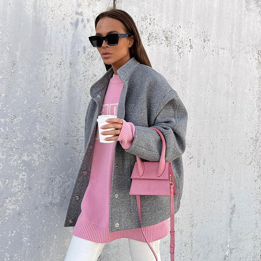 Color-Gray Woolen Coat Graceful Stand Collar Autumn Winter High Sense Office All Matching Top for Women-Fancey Boutique