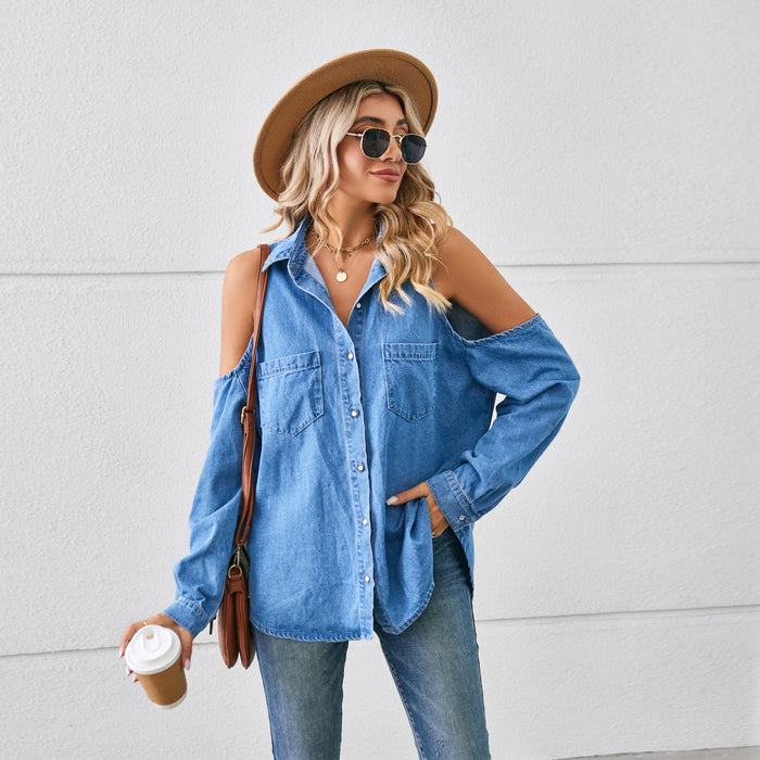 Color-Sexy Casual Washed off the Shoulder Hollow Out Cutout Denim Long Sleeve Shirt Top Women-Fancey Boutique