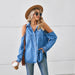 Color-Sexy Casual Washed off the Shoulder Hollow Out Cutout Denim Long Sleeve Shirt Top Women-Fancey Boutique