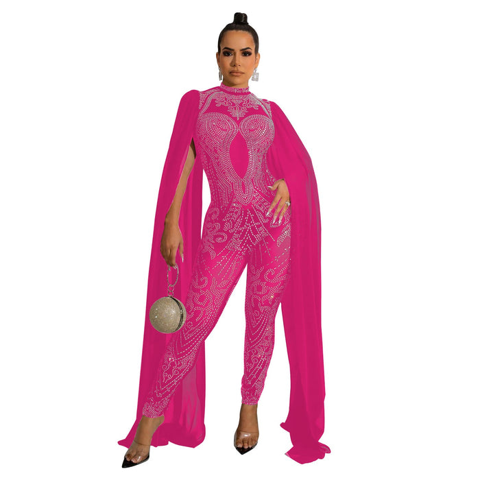 Color-Coral Red-Autumn Winter Women Clothing Sexy Mesh Rhinestone See through Nightclub Jumpsuit Women-Fancey Boutique