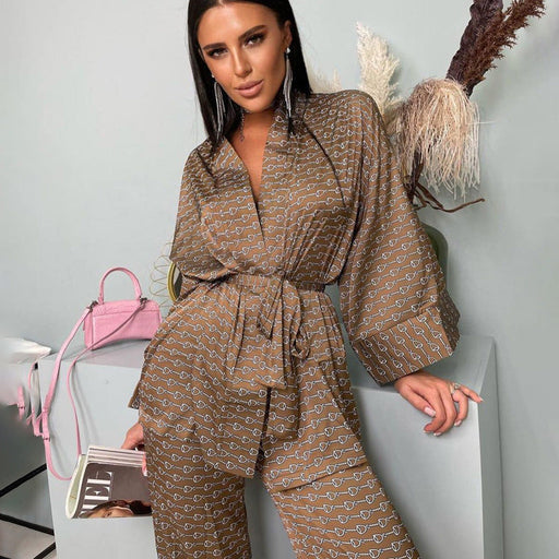 Color-Spring Summer Wear Satin Satin Satin Pajamas Cardigan Lace Printing Loose Outfit Homewear-Fancey Boutique