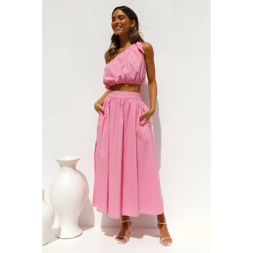 Color-Spring Summer Solid Color Office Shoulder Lace up Two Piece Dress-Fancey Boutique