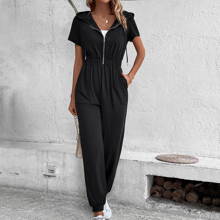 Color-Summer Women Clothing Hooded Work Clothes Solid Color Jumpsuit-Fancey Boutique