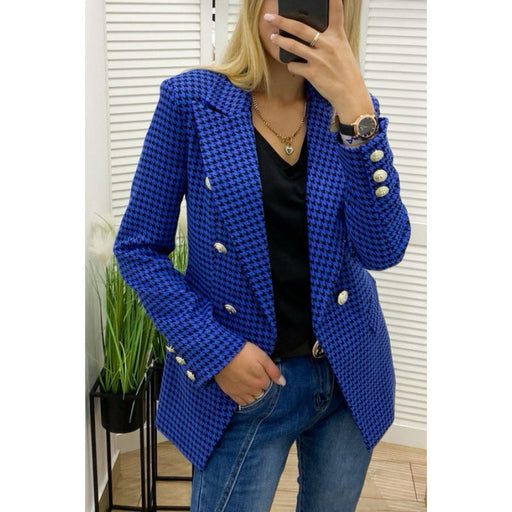 Color-Blue-Double Breasted Houndstooth Office Blazer Women-Fancey Boutique