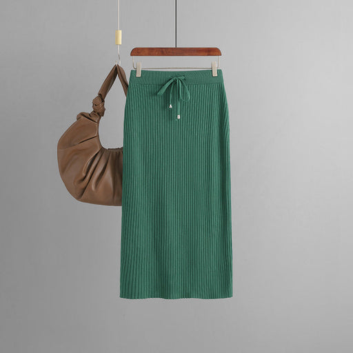Color-Green-Women Knitted Skirt Type Hip Skirt Solid Color Ice Silk Mid Length Wool Skirt-Fancey Boutique
