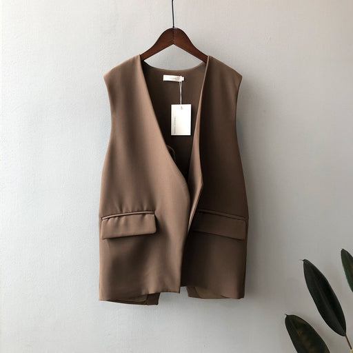 Color-Coffee-Blazer Vest for Women Autumn Korean V-neck Sleeveless Loose Back Slit Vest-Fancey Boutique