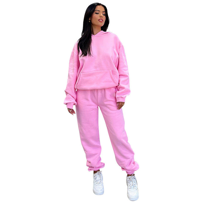 Color-Pink-Autumn Winter Solid Color Long Sleeve Hooded Fleece Lined Sweater Women Casual Trousers sets-Fancey Boutique