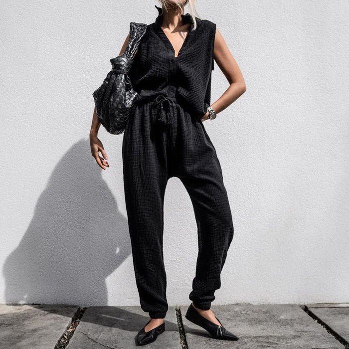 Color-Women Clothing Early Spring Casual Solid Color Sleeveless Shirt High Waist Trousers Suit Women Two Piece Suit-Fancey Boutique