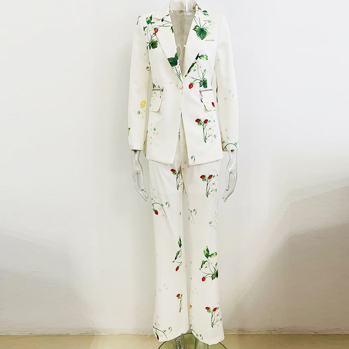 Color-Star Elegant Strawberry Print Slim Fit Blazer Trousers Suit Two Piece Set-Fancey Boutique