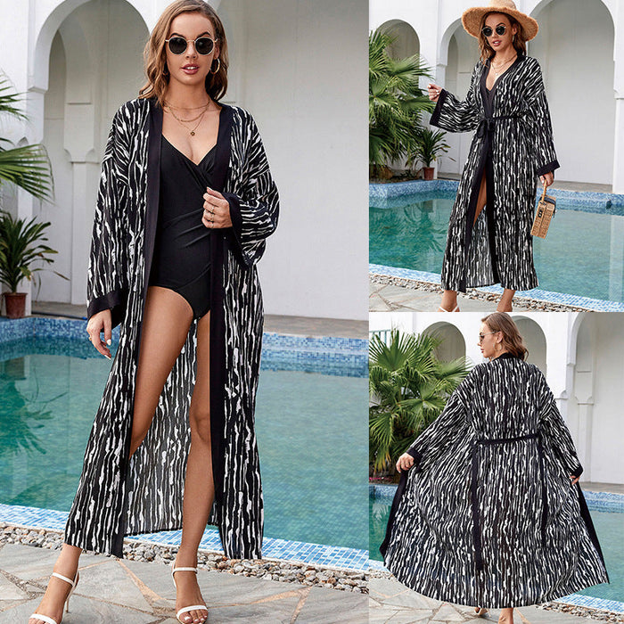 Color-Black White Line-Print Holiday Beach Jacket Sun Protection Clothing Cardigan Long Bikini Cover up Swimsuit Blouse-Fancey Boutique