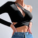 Color-Sexy Hollow Out Cutout Sexy Exposed Cropped Solid Color Cross Knotted Short Slim Long Sleeve Top Women-Fancey Boutique