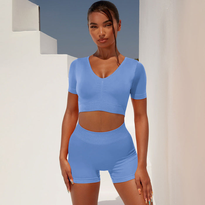 Color-Blue-Women Clothing Sexy Seamless Tight Short Sleeve Shorts Exercise Workout Outfit Yoga Suit-Fancey Boutique