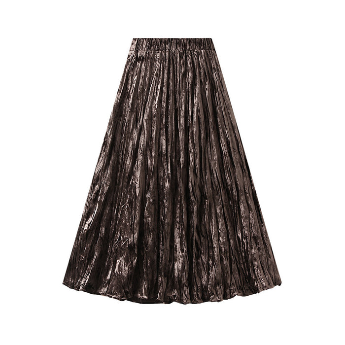 Color-Pleated Velvet Skirt Women Autumn Winter High Waist A Line Skirt Mid Long Slim Pleated Skirt-Fancey Boutique