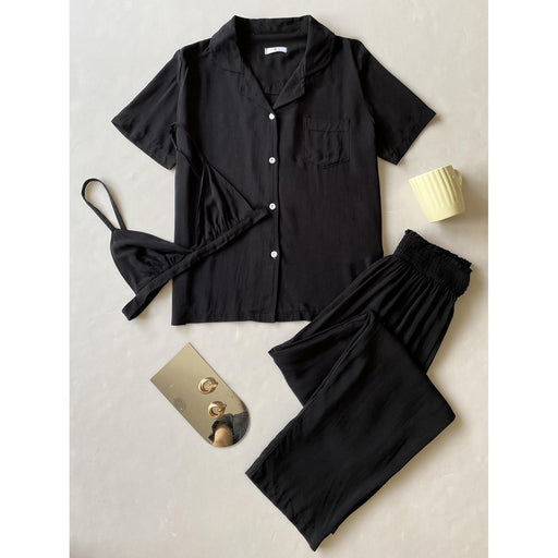 Color-Black-Pajamas Women Spring Autumn Short Sleeve Cardigan Homewear Three Piece Outer Wear-Fancey Boutique