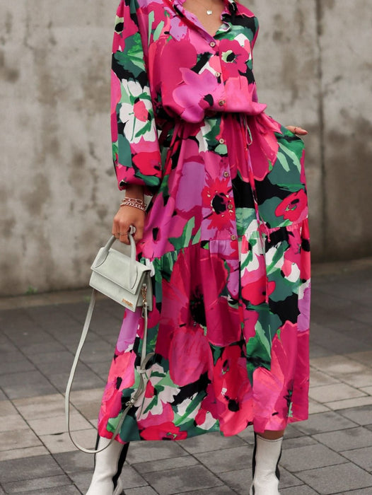 Color-Women Maxi Dress Autumn Long Sleeve High Split Lace Up Large Swing Dress-Fancey Boutique