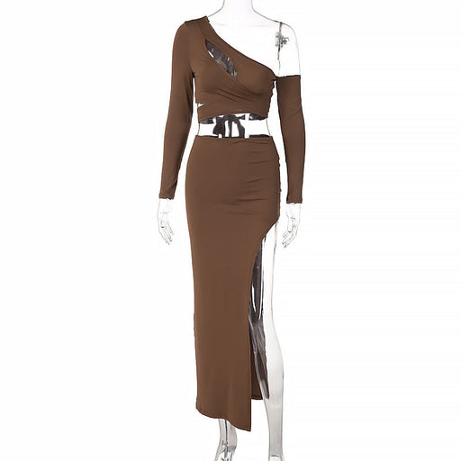 Color-Coffee-Diagonal Shoulder Crop Top Short Top Slim Fit Slit Skirt Set Women Clothing Opera Glove-Fancey Boutique