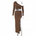 Color-Coffee-Diagonal Shoulder Crop Top Short Top Slim Fit Slit Skirt Set Women Clothing Opera Glove-Fancey Boutique