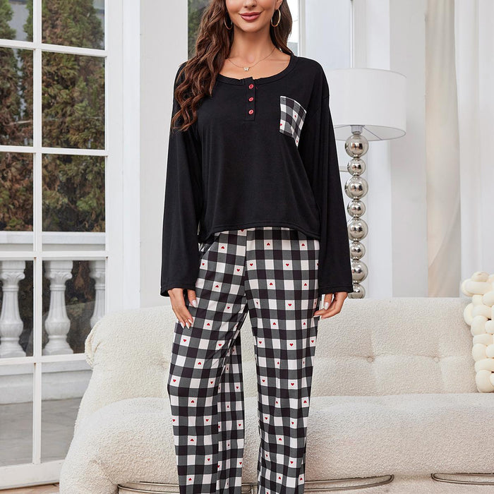 Color-Pajamas Women Spring Autumn Plaid Long Sleeve Cardigan Homewear Two Piece Set-Fancey Boutique