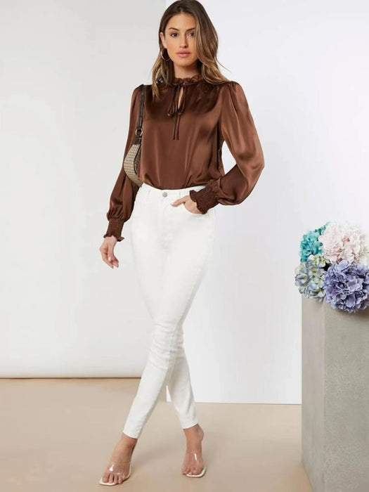 Color-Dark Brown-Women Shirt Autumn Arrival Elegant Solid Color Round Neck Long Sleeve Lace up Straight Satin Blouse-Fancey Boutique