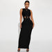 Color-Black-Women Clothing Summer Solid Color Hollow Out Cutout Slim round Neck Sleeveless Dress-Fancey Boutique