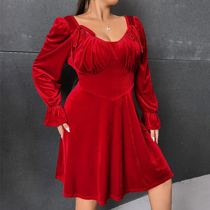 Color-plus Size Women Clothes Autumn Winter Waist Controlled Large Hem Short Dress Long Sleeve Velvet Party Dress-Fancey Boutique