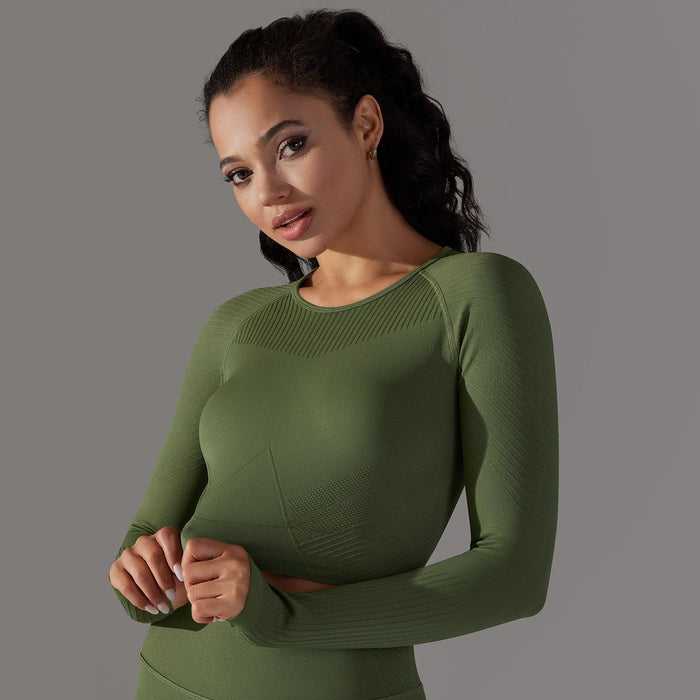 Color-Green-Seamless Knitted Solid Color Striped Tight Top Fitness Exercise Running Yoga Clothes Moisture Absorption Body Shaping Long Sleeve Women-Fancey Boutique