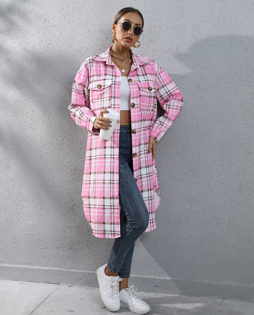 Color-Women Clothing Autumn Winter Plaid Single-Breasted Long Trench Coat-Fancey Boutique