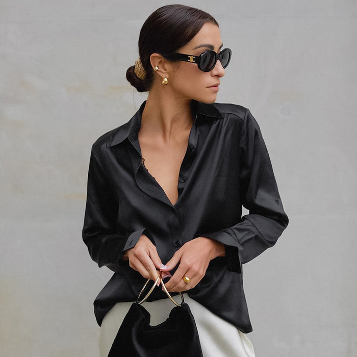 Color-Black Satin Matte Silk-like Office Long Sleeve Shirt Autumn Top for Women-Fancey Boutique